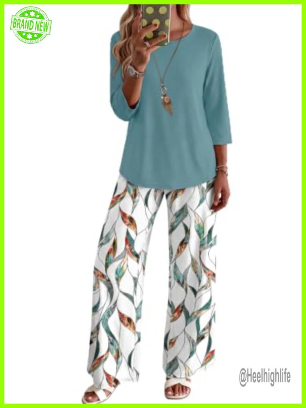 Two Piece Lounge Set 3/4 Sleeve Top Printed Pants Pockets